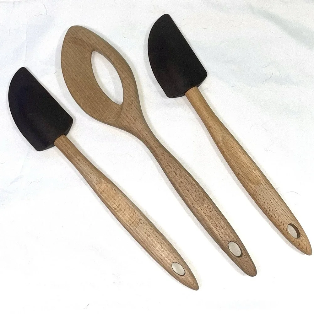 Mario Batali Utensils Spatulas & Wooden Mixing Spoon 3pc Wood Handles Large Size